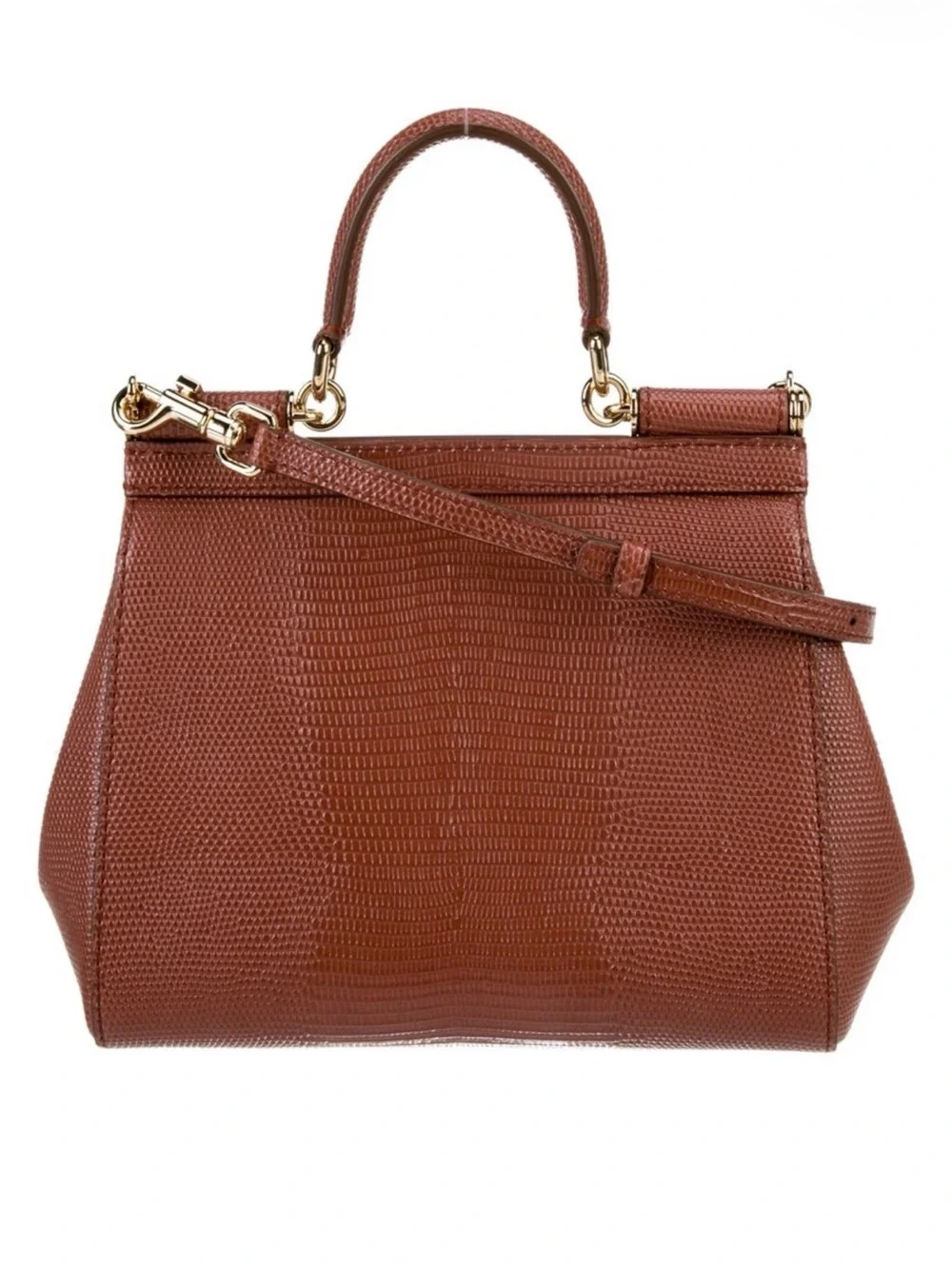 Dolce & Gabbana Brown Lizard-Embossed Sicily Top Handle Bag with Jeweled DG